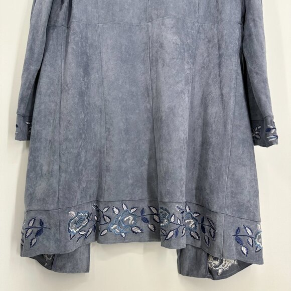 Curations Faux Suede Jacket M Floral Embroidered Open Front Long Boho Gray Blue - Picture 8 of 9